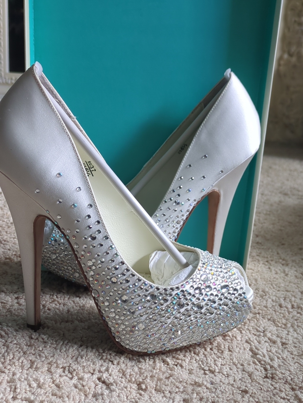 Benjamin Adams White Crystal Embellished Peep-Toe Platform Heels